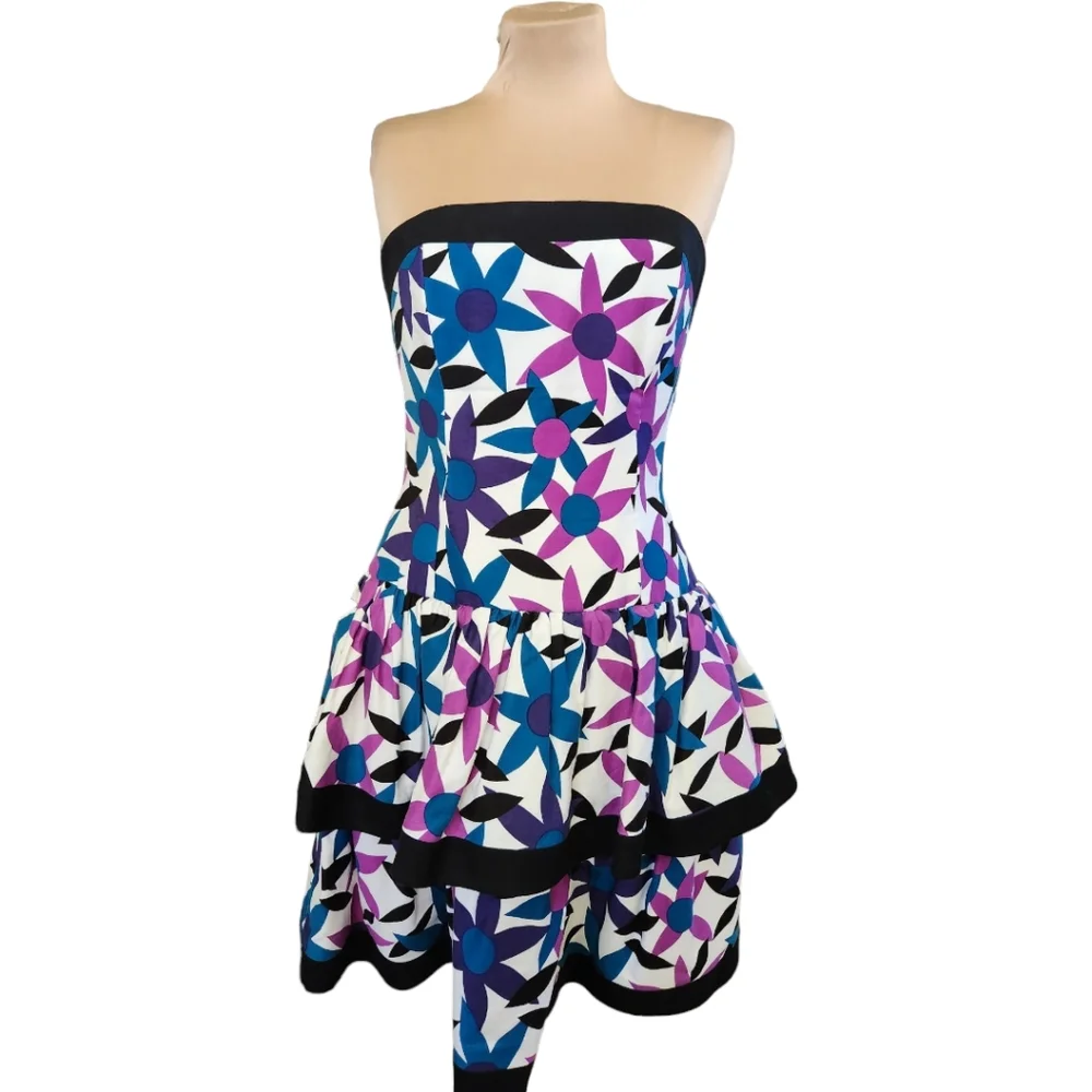 A.J. BARI Vintage 1980s Strapless Floral Print Ruffle Dress - Size 10 - Picture 2 of 11